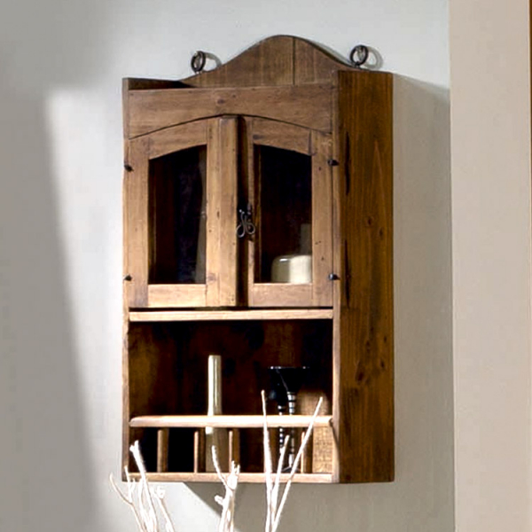 Especiero de madera rústica con puertas de cristal